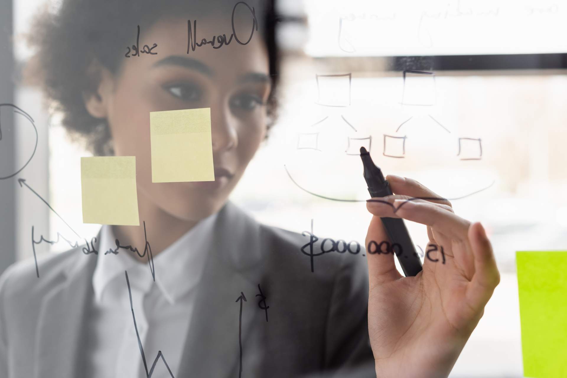 African American businesswoman drawing on glass board in an office